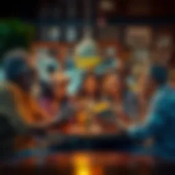 A group of friends laughing and reminiscing over old photographs at a cozy café