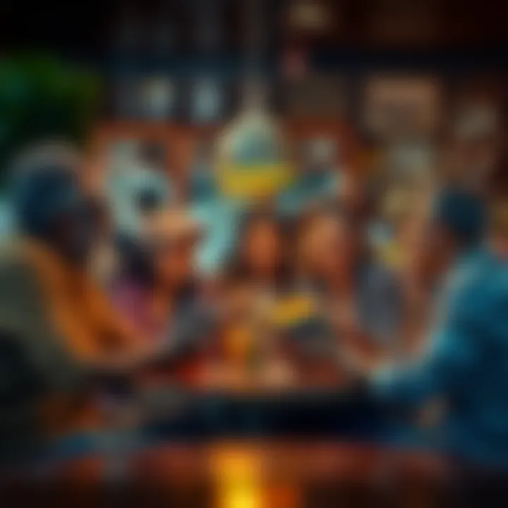 A group of friends laughing and reminiscing over old photographs at a cozy café