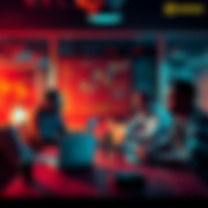 A group of friends sharing their experiences and advice on cryptocurrency investing at a table with laptops and charts