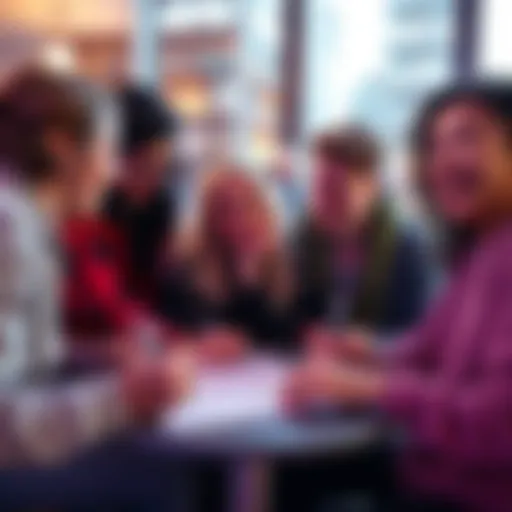 A group of friends laughing and filling in blanks on a game sheet, enjoying a fun and interactive activity together