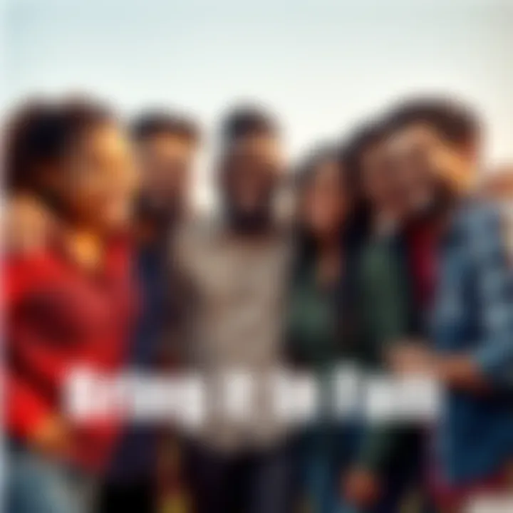 A group of diverse friends gathering together, smiling and embracing, representing the trend of connection and inclusivity with the phrase 'Bring it in fam'.