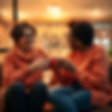 Two friends sitting together, smiling and talking over coffee, showing warmth and connection, symbolizing the importance of friendship.