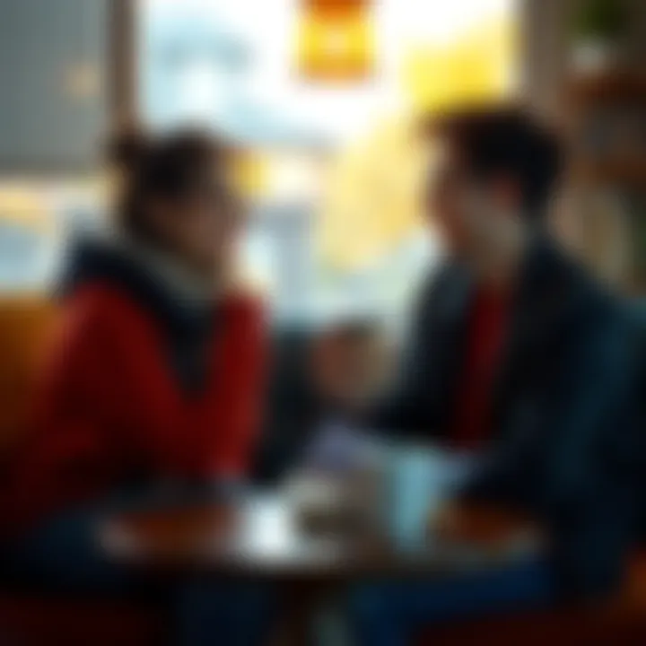 Two friends sharing stories A warm scene of two friends sitting together, laughing and sharing personal stories over coffee.