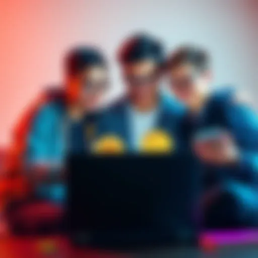 A group of friends discussing Bitcoin while looking at a laptop and digital wallets, showing their collaboration in cryptocurrency.