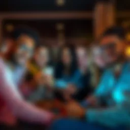 A diverse group of friends sitting together, happily using the Revolut app on their smartphones to send and receive money across countries.