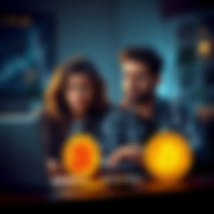 Two friends discussing Bitcoin gains while looking concerned about their friendship, with a laptop showing a rising crypto chart in the background.