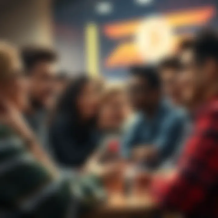 Friendships in Crypto Community A group of diverse people sharing ideas and smiles at a cryptocurrency meetup, symbolizing strong connections in the community.