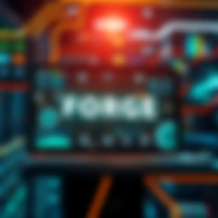 A digital interface displaying the Forge platform for managing knowledge with AI, showing interconnected data nodes and a marketplace feature.