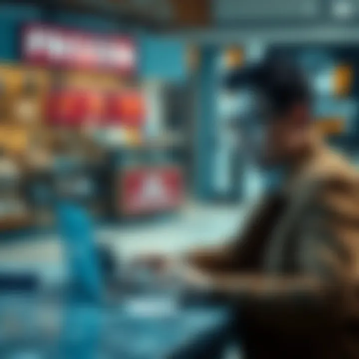 A worried business owner looks at frozen account notifications on a laptop screen with a backdrop of a closed shop.