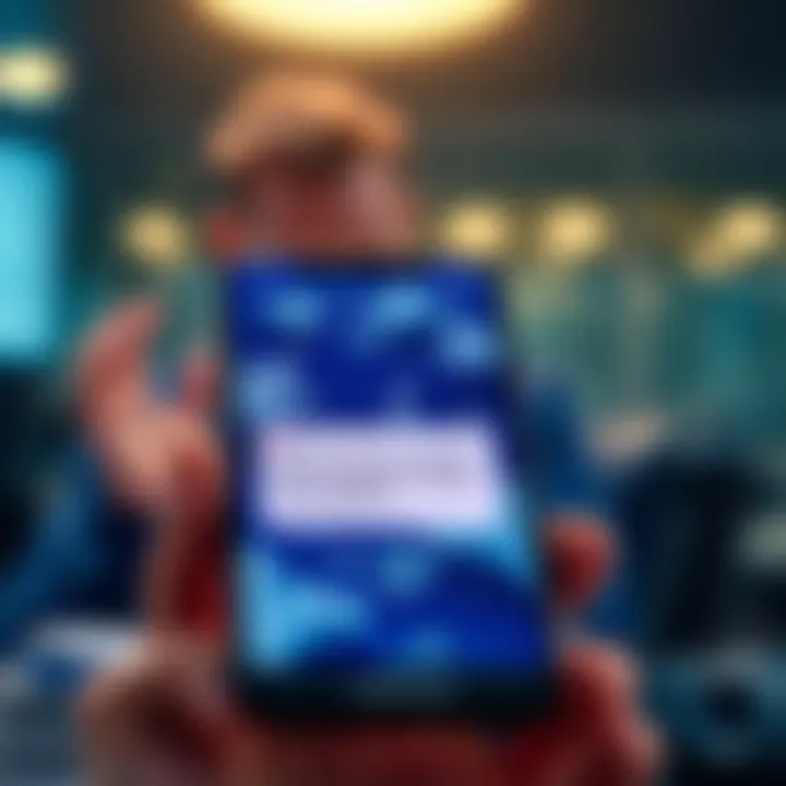 A phone displaying a notification of a frozen account after a large cryptocurrency transaction, with concerned person in the background.