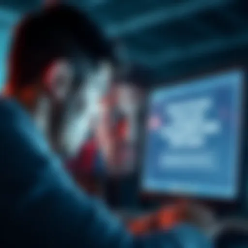 A user looking frustrated while staring at a computer screen showing a message about a frozen account and inaccessible funds.