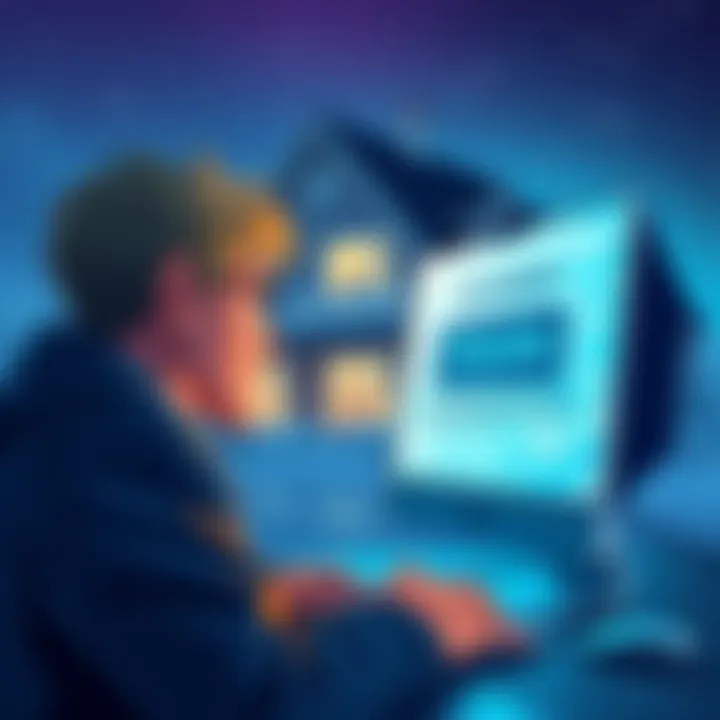 Frozen bank account illustration A worried tenant looking at a computer screen showing a frozen account notification, with a house in the background