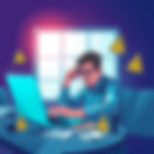 A visual representation of a business owner looking stressed while checking a frozen account on a laptop, with warning symbols around