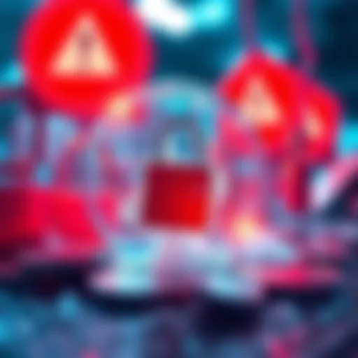 A digital representation of frozen crypto funds, showing locked coins and warning signs, symbolizing issues of decentralization in the Near Intents protocol.