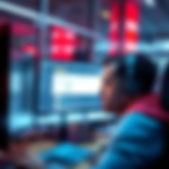 A frustrated customer staring at a computer screen displaying a message about frozen funds, with a worried expression.