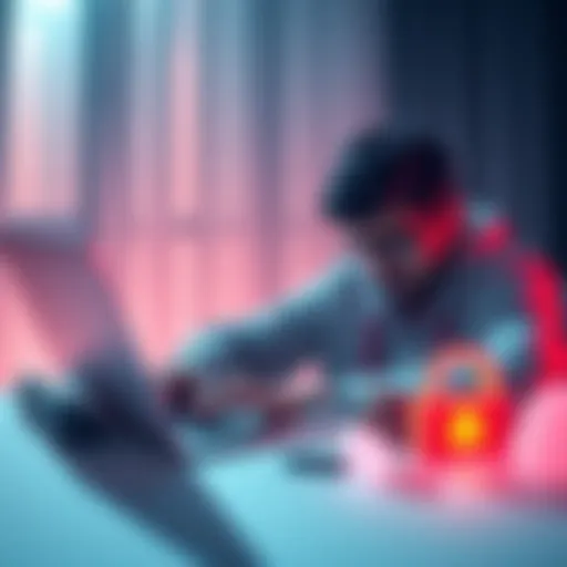 Frozen Funds Warning A user stressed about their frozen funds on a laptop, with a lock symbol representing security issues.