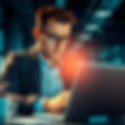 A business owner looking stressed while checking their laptop, showing frustration over a frozen bank account.