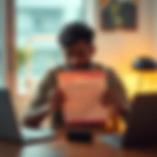 A person looks upset while holding a paper notification from Revolut about their account being frozen. They are sitting at a table with a laptop and a phone nearby.