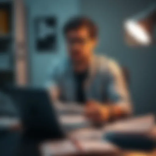 A freelancer looks upset while seated at a desk with a laptop, papers scattered around, illustrating their challenge after being denied a business account.