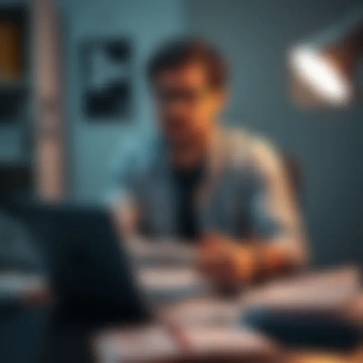 A freelancer looks upset while seated at a desk with a laptop, papers scattered around, illustrating their challenge after being denied a business account.