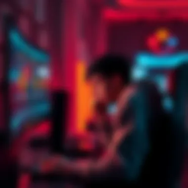 A gamer sitting in front of a computer, looking frustrated while playing a challenging game. Badges are displayed on the screen, highlighting achievements but also showing barriers to completing chall...