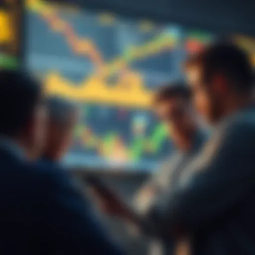 People discussing Bitcoin price predictions while observing charts on a screen