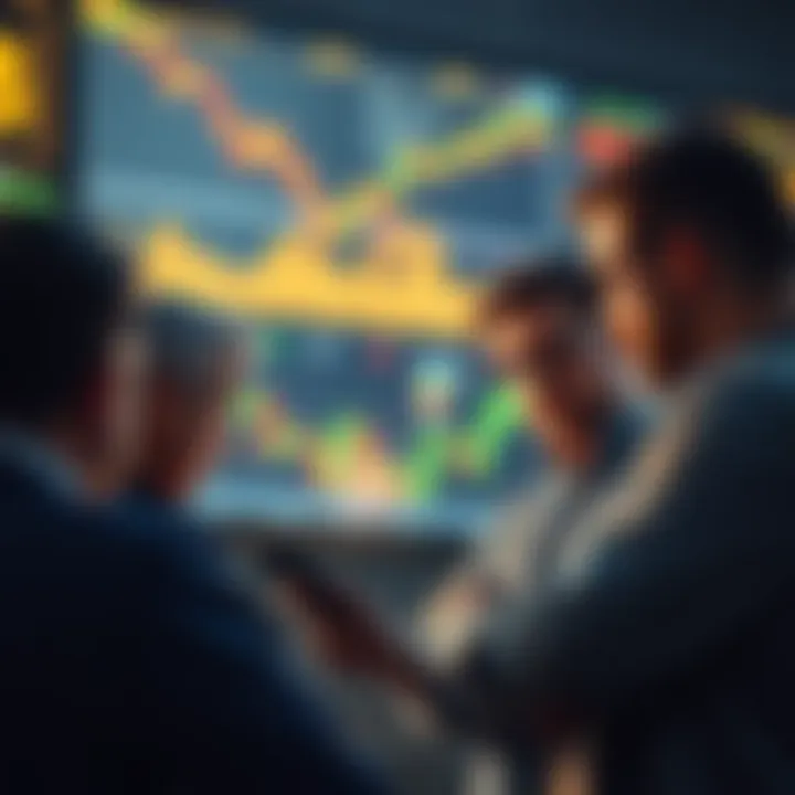 People discussing Bitcoin price predictions while observing charts on a screen