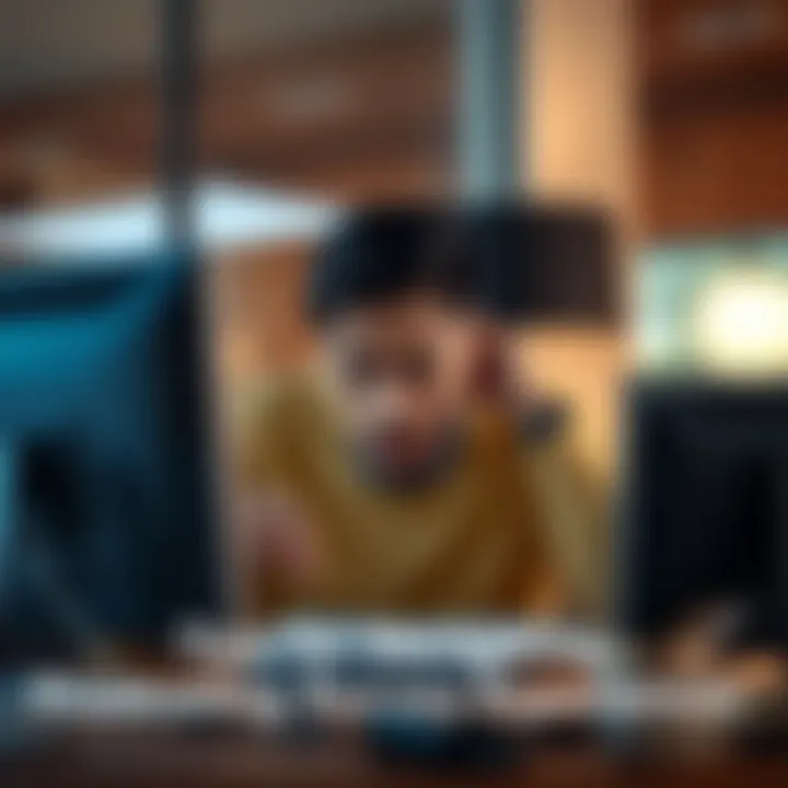 Individual looking at computer with a frustrated expression while attempting to complete an online survey