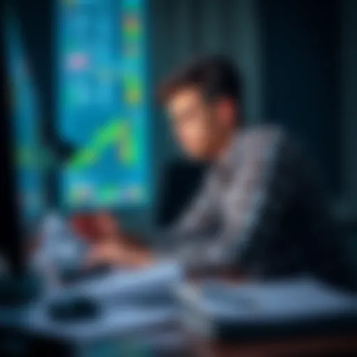 A 20-year-old man sits at a desk, looking frustrated as he checks cryptocurrency prices on his computer. Papers and notes are scattered around him, showing his struggles in trading.
