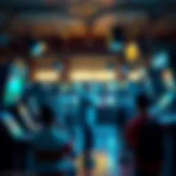 Group of players expressing frustration at a rundown arcade filled with outdated machines and low-quality games.