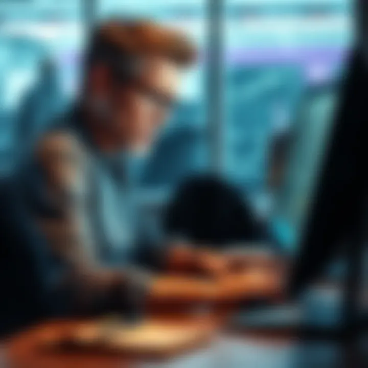 A bank customer looking frustrated while transferring money to a crypto exchange on a computer