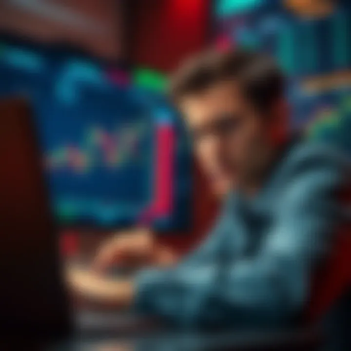 A person looking stressed while monitoring a prediction market on their laptop, with graphs and bets displayed on the screen in the background