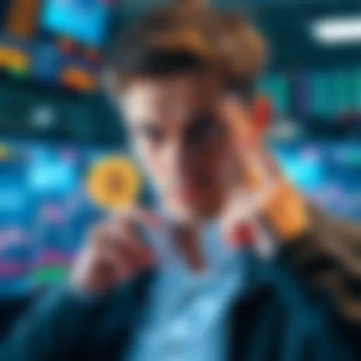 A trader looking at different Bitcoin exchange rates with a frustrated expression, showing the disparity in prices on various screens.