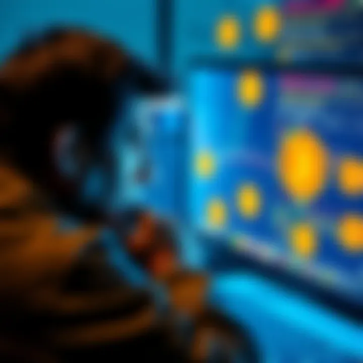 A user staring at a computer screen filled with transaction errors and Bitcoin symbols, expressing frustration and confusion.