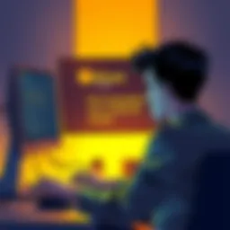 A person sitting at a computer looking frustrated after being banned from a Bitcoin forum, with a message on the screen about promoting non-custodial swaps.