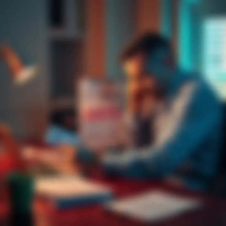 A frustrated business owner sitting at a desk, looking at a laptop with a rejected application notice from Revolut, surrounded by paperwork and a coffee cup.