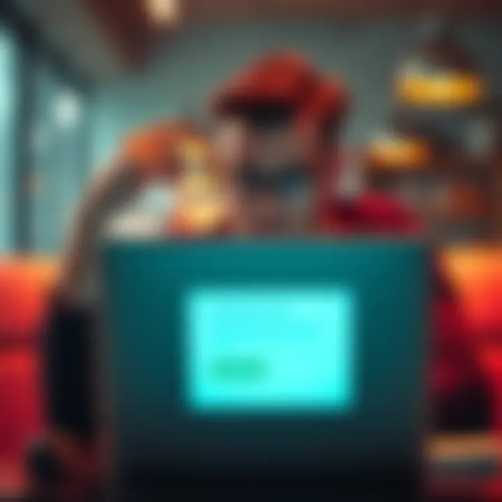 A business owner looking stressed while checking a laptop, with a visible notification of a locked account on the screen, symbolizing financial issues with Revolut Business.