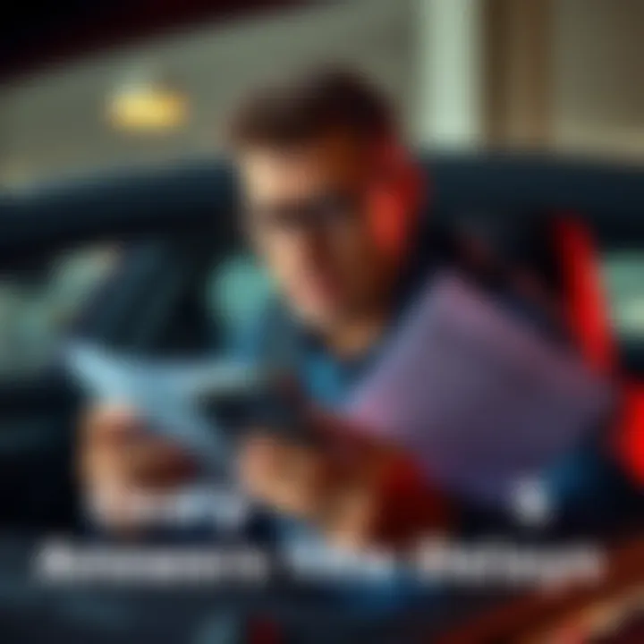 A car buyer looks upset while holding vehicle registration documents and a phone, indicating delays in obtaining their title.
