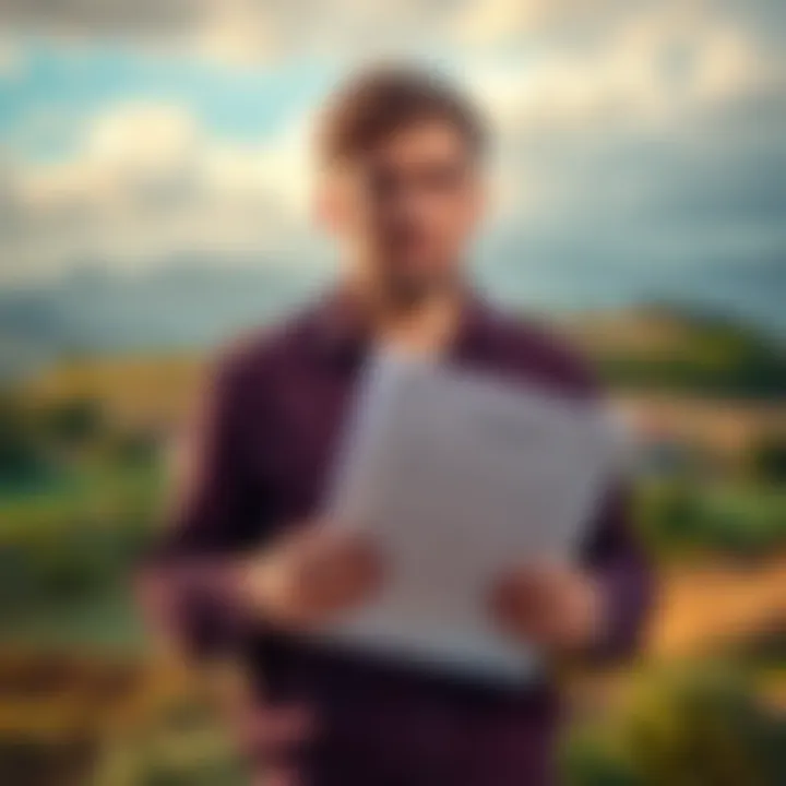 A frustrated person holding land purchase papers, looking bewildered in front of a scenic but empty plot of land