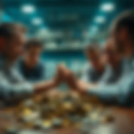 A group of Canadians looking worried while counting coins at a table, reflecting on their financial struggles.