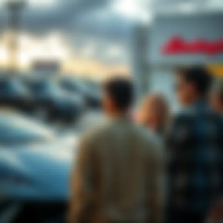 A group of people looking disappointed while standing in front of a dealership with empty parking spaces for luxury cars