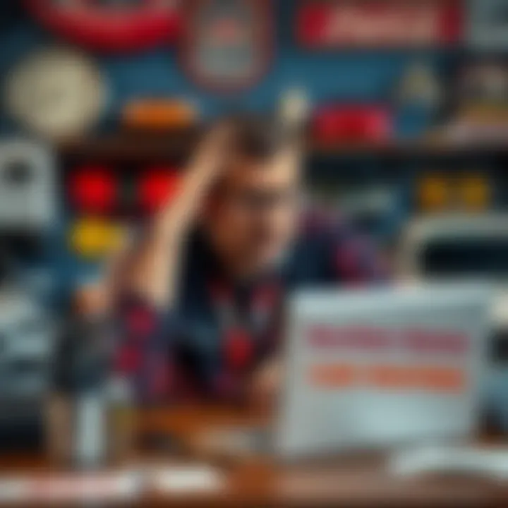 A disheartened automobile enthusiast frustrated with delayed auction listing, sitting at a desk with a laptop, surrounded by car memorabilia, symbolizing the waiting game with BaT.