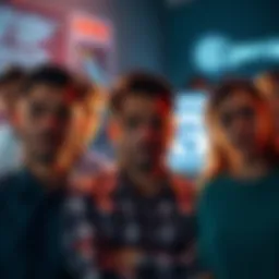 A group of people showing frustration and concern over financial issues related to Gemini Exchange security holds, with a computer displaying the Gemini logo in the background