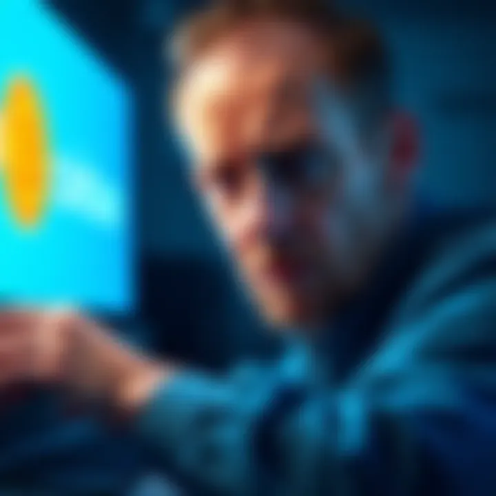 A person showing frustration while looking at a computer screen with Coinbase logo, expressing worry about missing deposits.