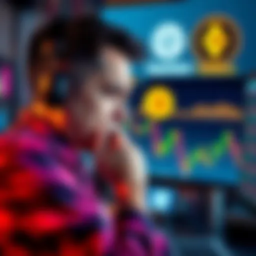 A distressed crypto investor looking at a computer screen showing declining crypto values, with a backdrop of Gemini and Fantom logos