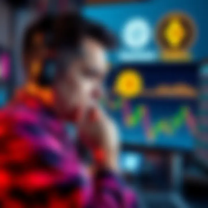 A distressed crypto investor looking at a computer screen showing declining crypto values, with a backdrop of Gemini and Fantom logos