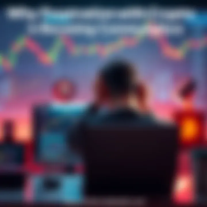 Frustrated Crypto Investor A person sitting at a desk looking worried while checking cryptocurrency prices on a laptop, with charts showing declines in the background.