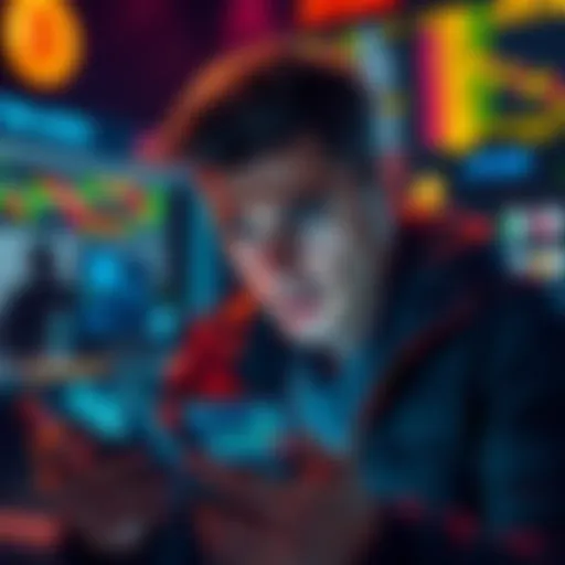 A crypto trader looking upset while checking their phone, showing graphs of ATOM price dropping.