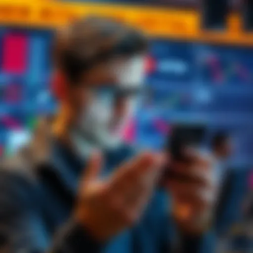 A crypto trader looking disappointed while holding a phone displaying a declining cryptocurrency graph. The background shows a busy trading room atmosphere.