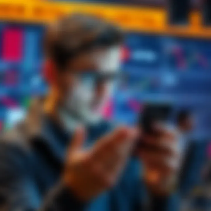 A crypto trader looking disappointed while holding a phone displaying a declining cryptocurrency graph. The background shows a busy trading room atmosphere.